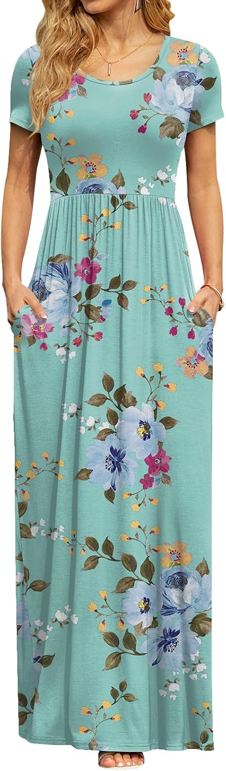 DB MOON Women's Summer Maxi Dress Casual Short Sleeve Empire Waist Pockets