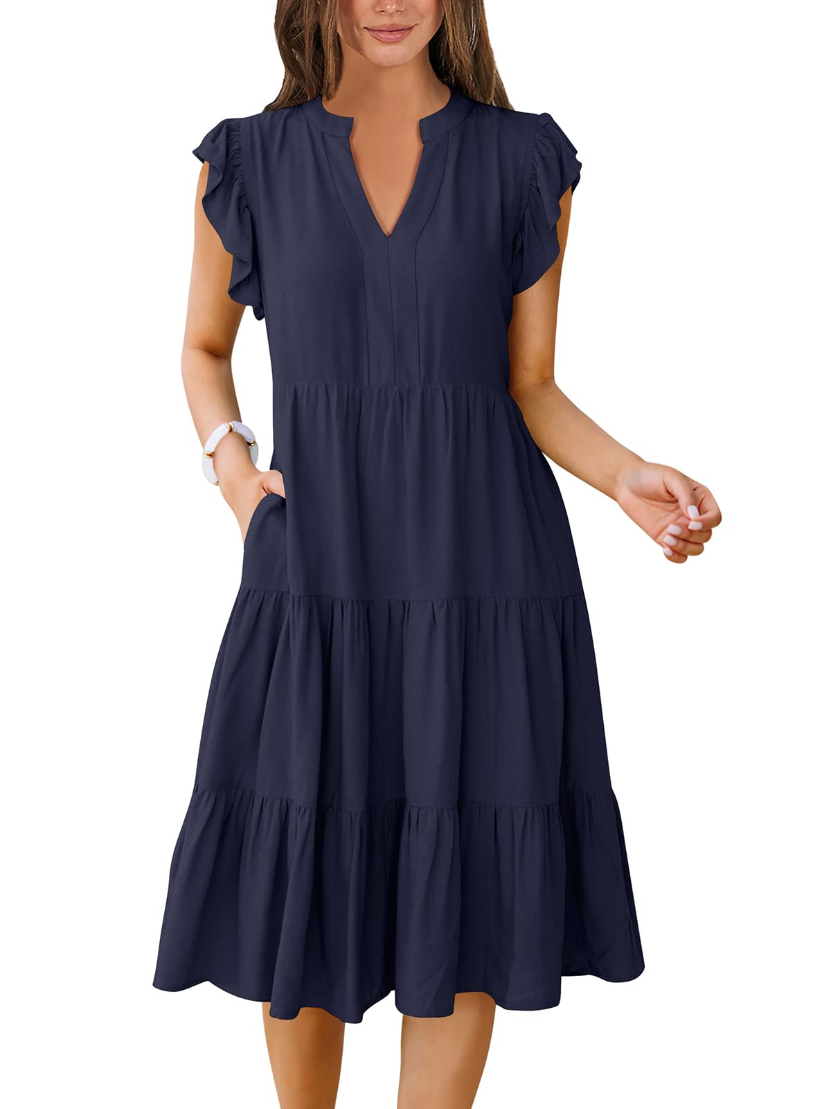ANRABESS Womens Summer Dress Ruffle Sleeve V Neck Midi Dresses