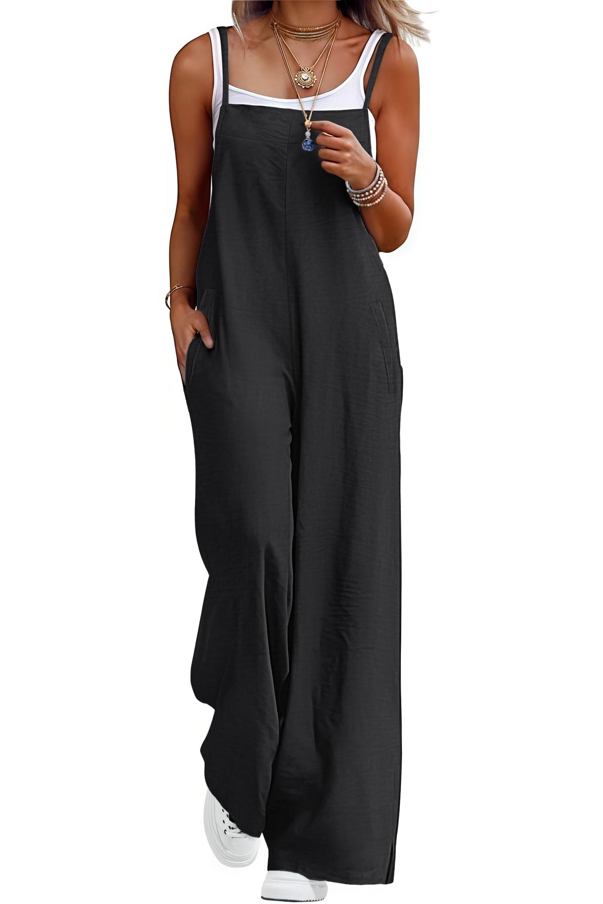 Lepunuo Womens Casual Loose Jumpsuits Summer Boho Wide Leg Rompers Sleeveless Overalls with Pockets