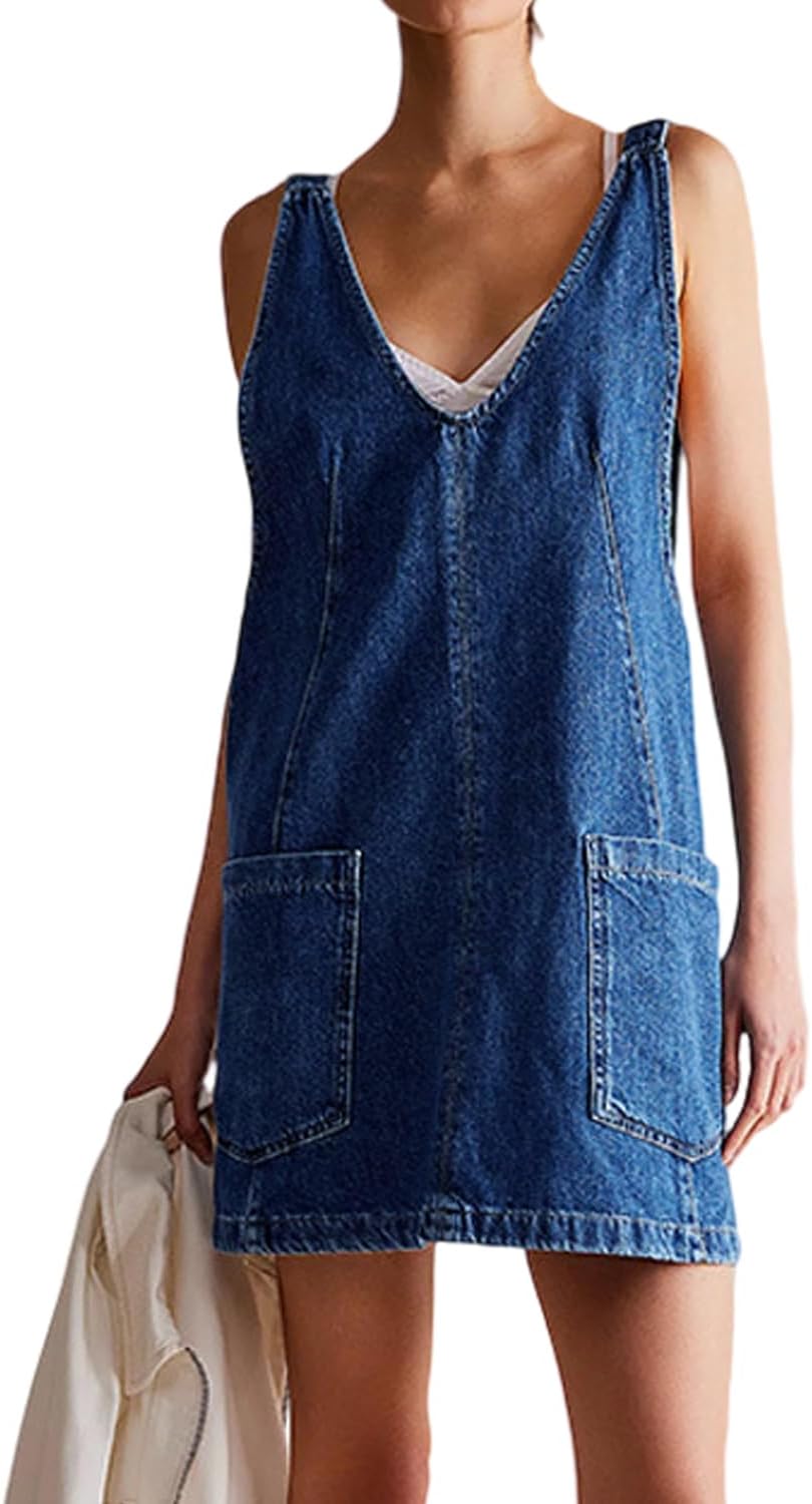 yoeasy Women's V Neck Sleeveless Denim Overall Dress Adjustable Strap Summer Mini Pinafore Jean Dress with Pockets