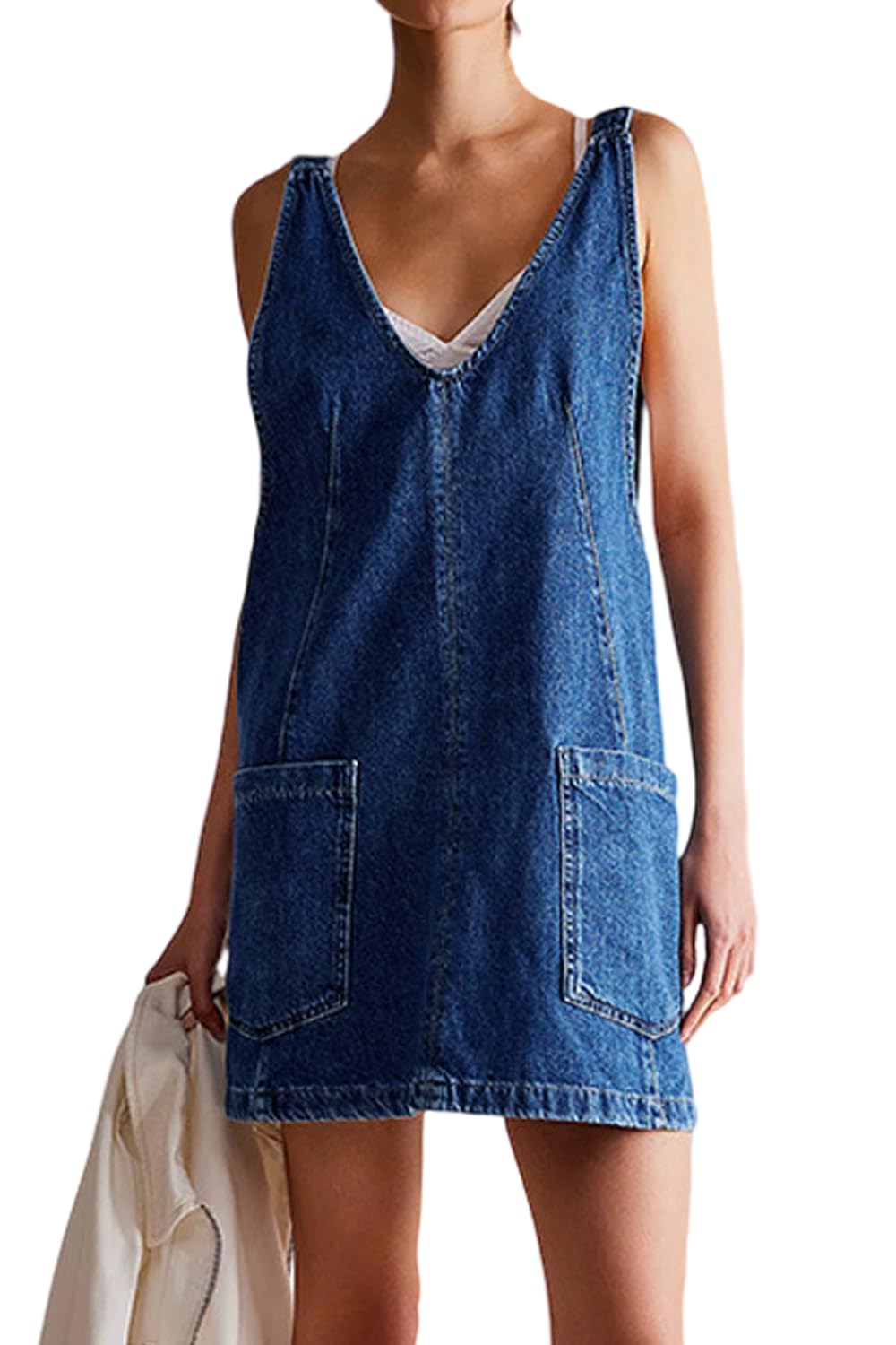yoeasy Women's V Neck Sleeveless Denim Overall Dress Adjustable Strap Summer Mini Pinafore Jean Dress with Pockets