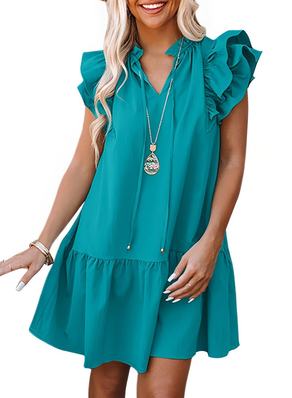 Dokotoo Womens Summer Dresses 2026 V-Neck Drawstring Ruffle Cap Short Sleeve Side Pockets Mini Dress Sundress