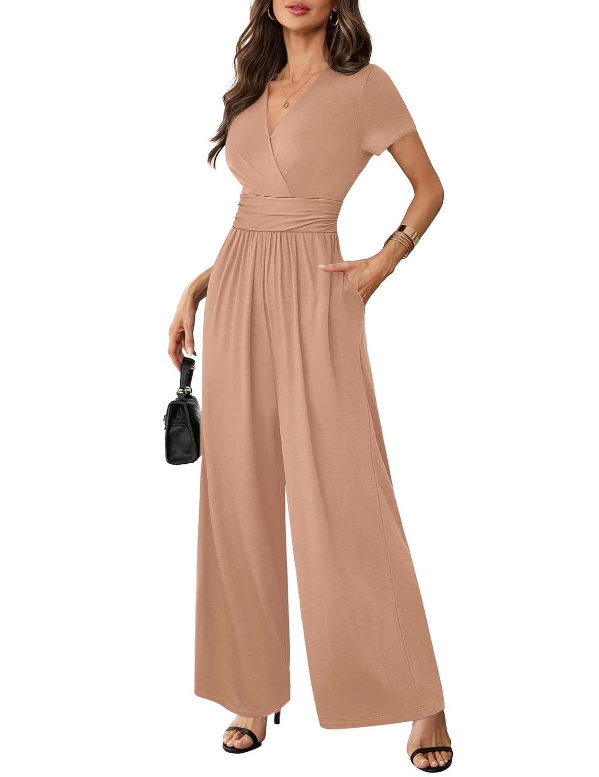 LOOKBOHO Women Jumpsuits Dressy Casual Short Sleeve Wide Leg Pants Rompers