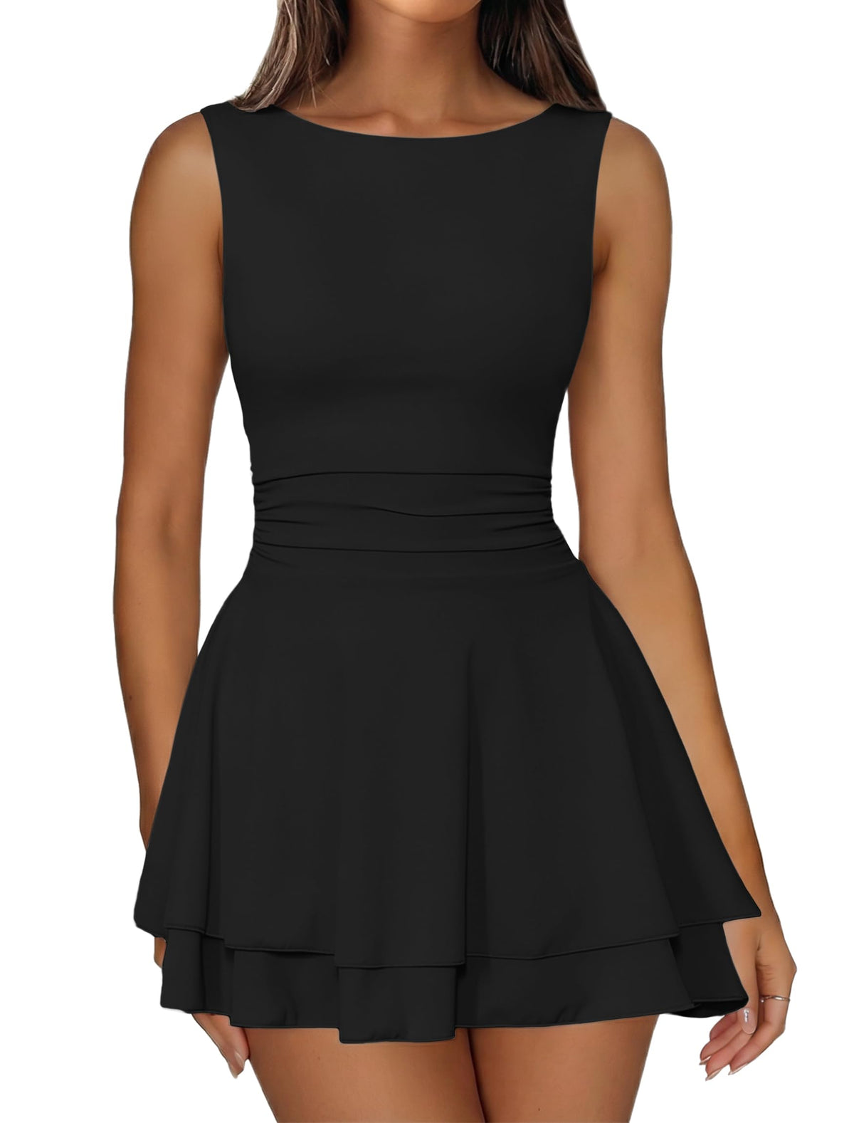 IWD Women's Boat Neck Sleeveless Mini Dress Tiered Ruffle Hem Party Dresses
