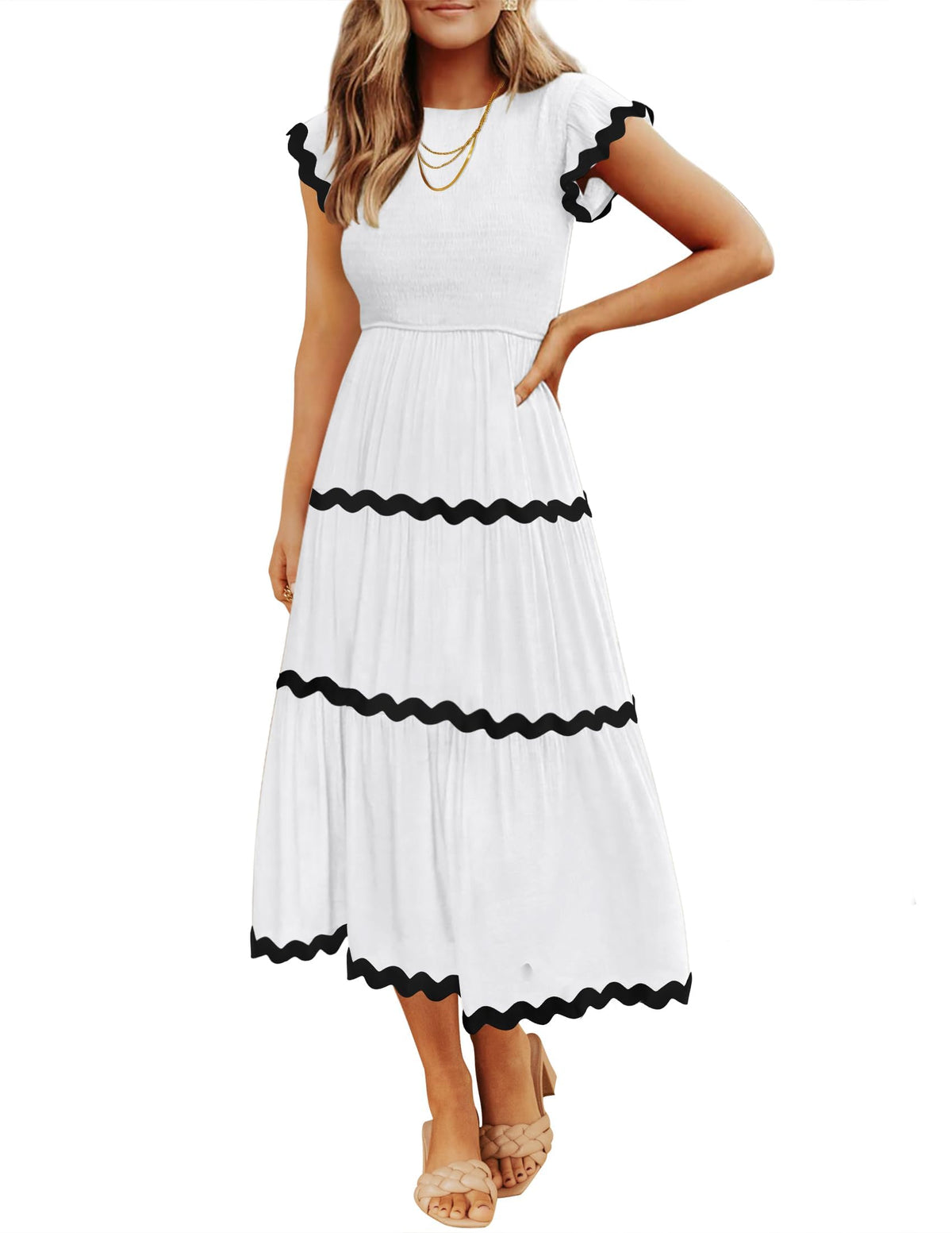 ZESICA Womens Summer Casual Smocked Flowy Midi Dress