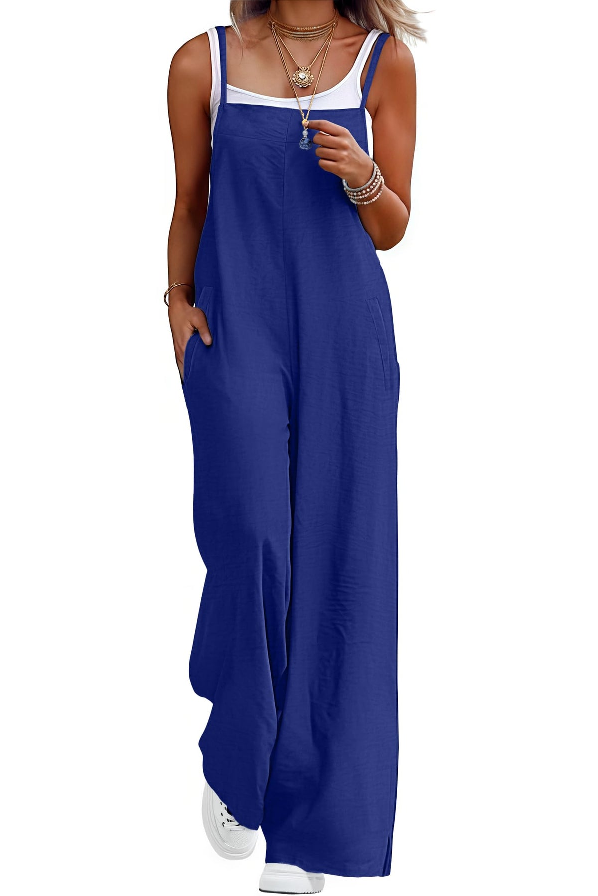 Lepunuo Womens Casual Loose Jumpsuits Summer Boho Wide Leg Rompers Sleeveless Overalls with Pockets