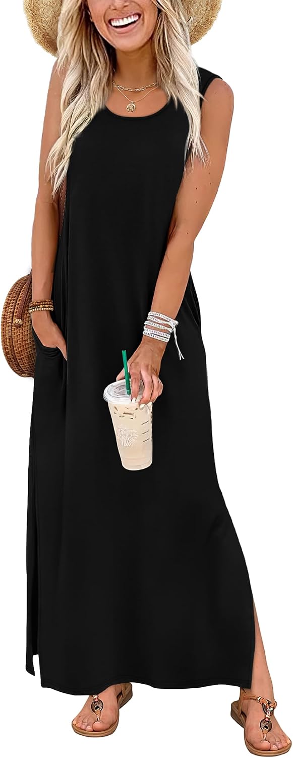 WIHOLL Maxi Dress Summer Dresses 2026 Beach Vacation Clothes Sleeveless Sundresses with Pockets Boho S-3XL