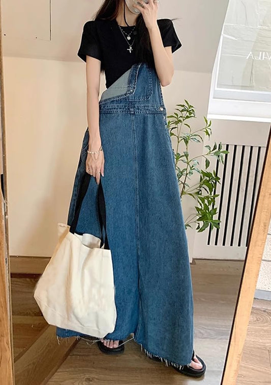 chouyatou Women's Adjustable Strap Distressed Denim Overall Dress A-Line Back Split Pinafore Bib Jean Dress