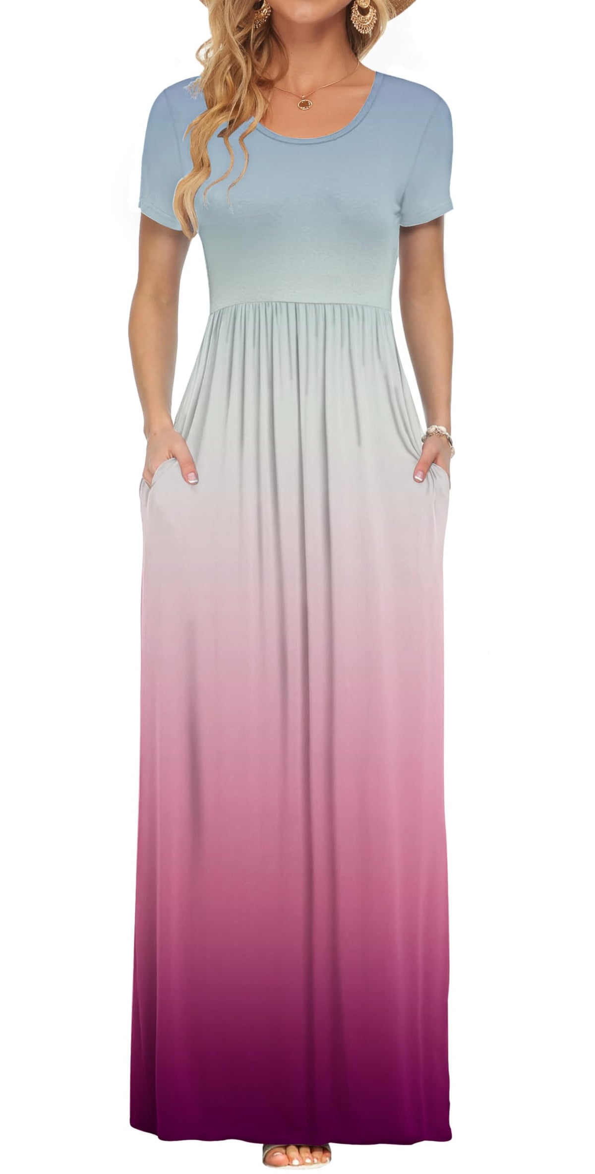 AUSELILY Women's Summer Short Sleeve Loose Plain Casual Long Maxi Dresses