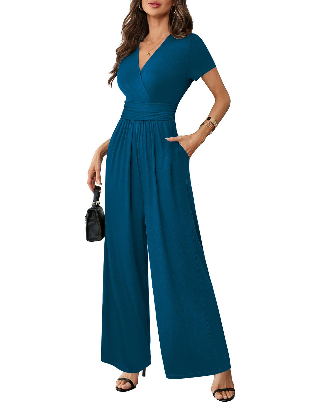LOOKBOHO Women Jumpsuits Dressy Casual Short Sleeve Wide Leg Pants Rompers