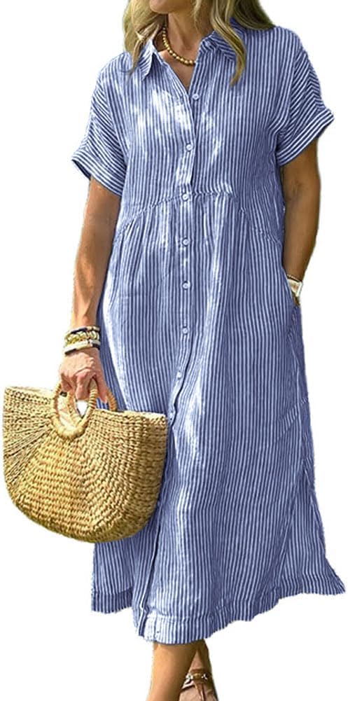 chouyatou Women's Summer Striped Midi Long Shirt Dress Casual Loose Short Sleeve Button Down Dress