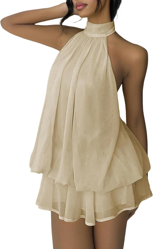 SHINFY Women's Chiffon Halter Flowy Ruffle Backless Birthday Mini Dress