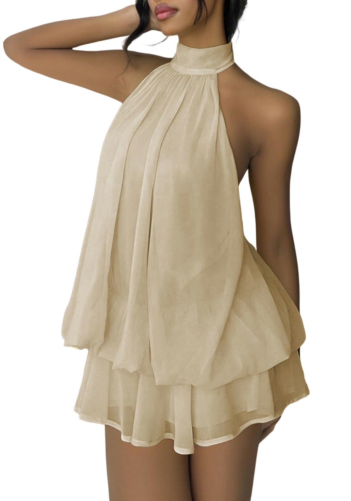 SHINFY Women's Chiffon Halter Flowy Ruffle Backless Birthday Mini Dress