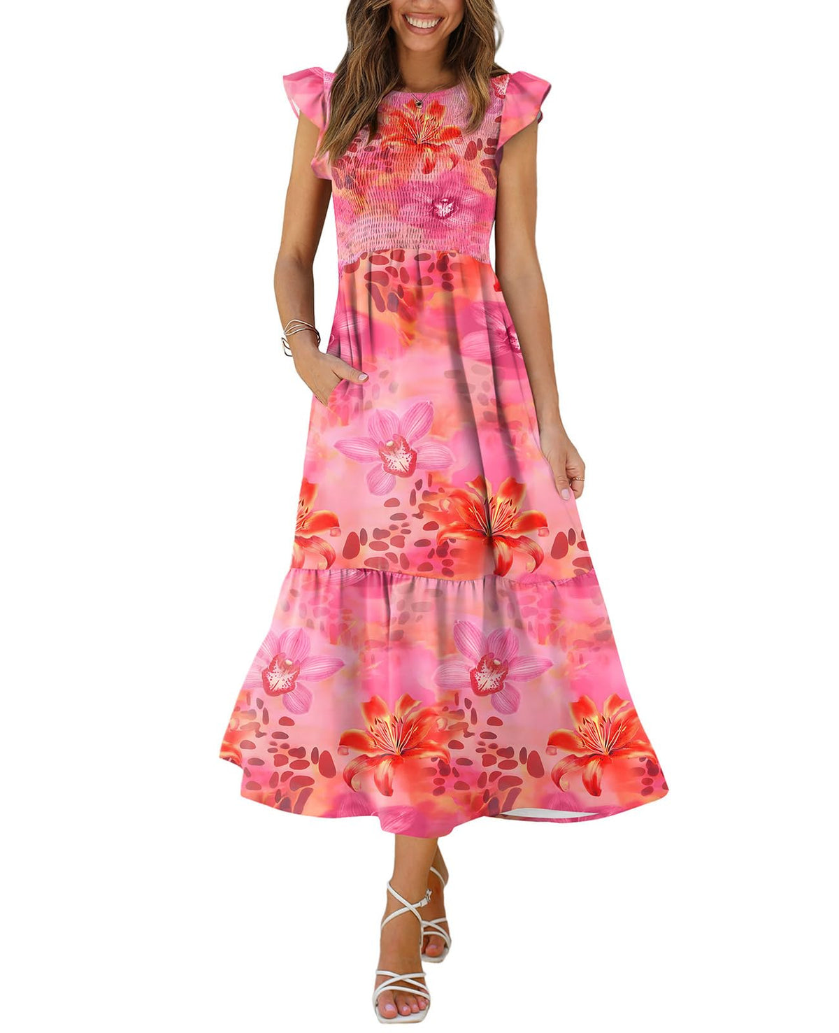 OFEEFAN Women's Casual Maxi Dresses with Pockets Ruffle Sleeve Smocked Dress XS-2XL