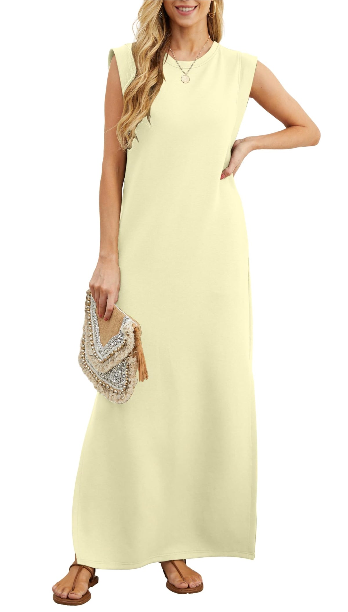 GRECERELLE 2026 Women Year-Round Casual Round Neck Loose Split Wrinkle-Free Long Maxi Vacation Dress with Pockets (XXS-4XL)