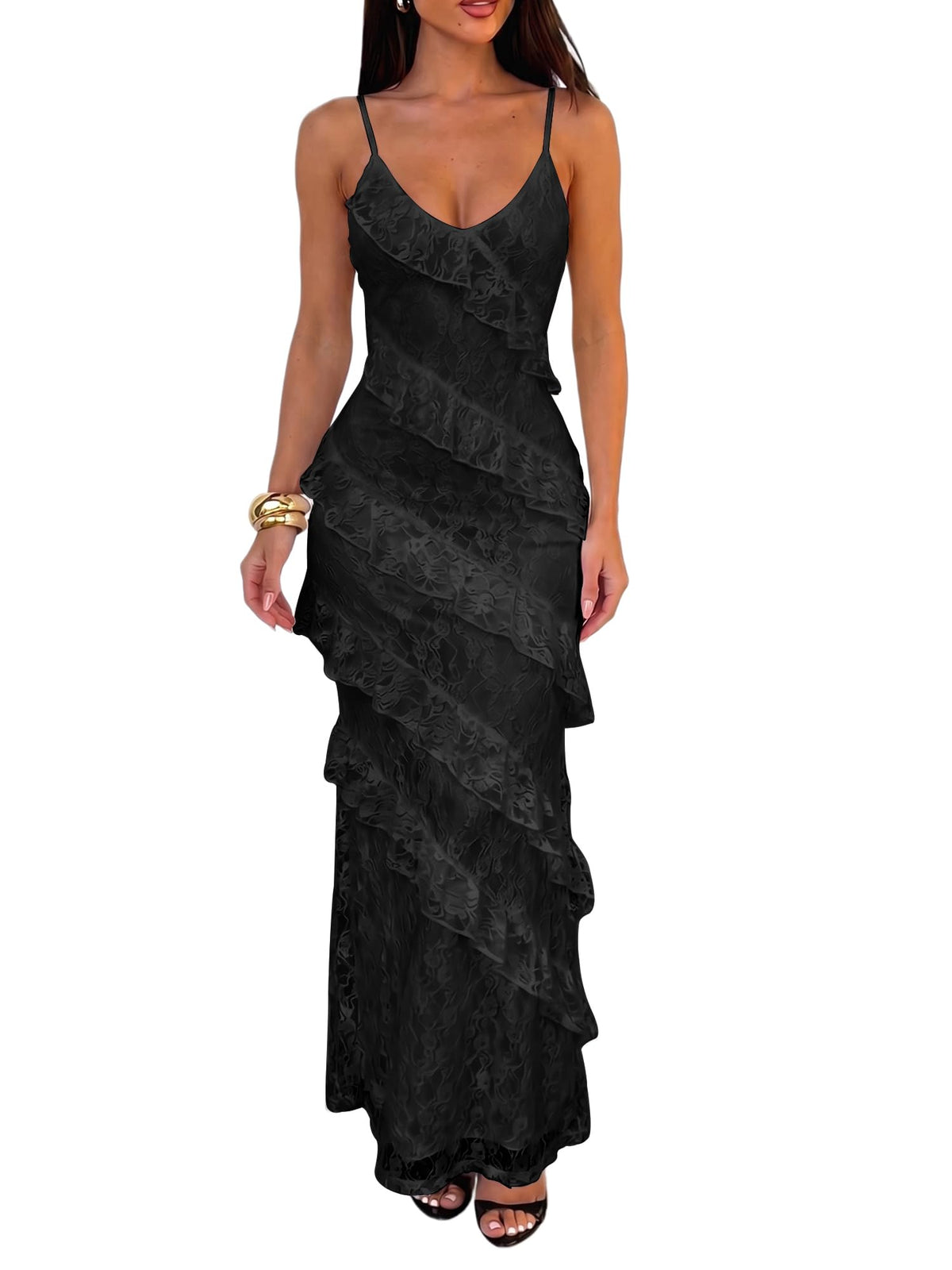HOCILLE Women's Sexy V Neck Floral Wedding Guest Cocktail Maxi Dress