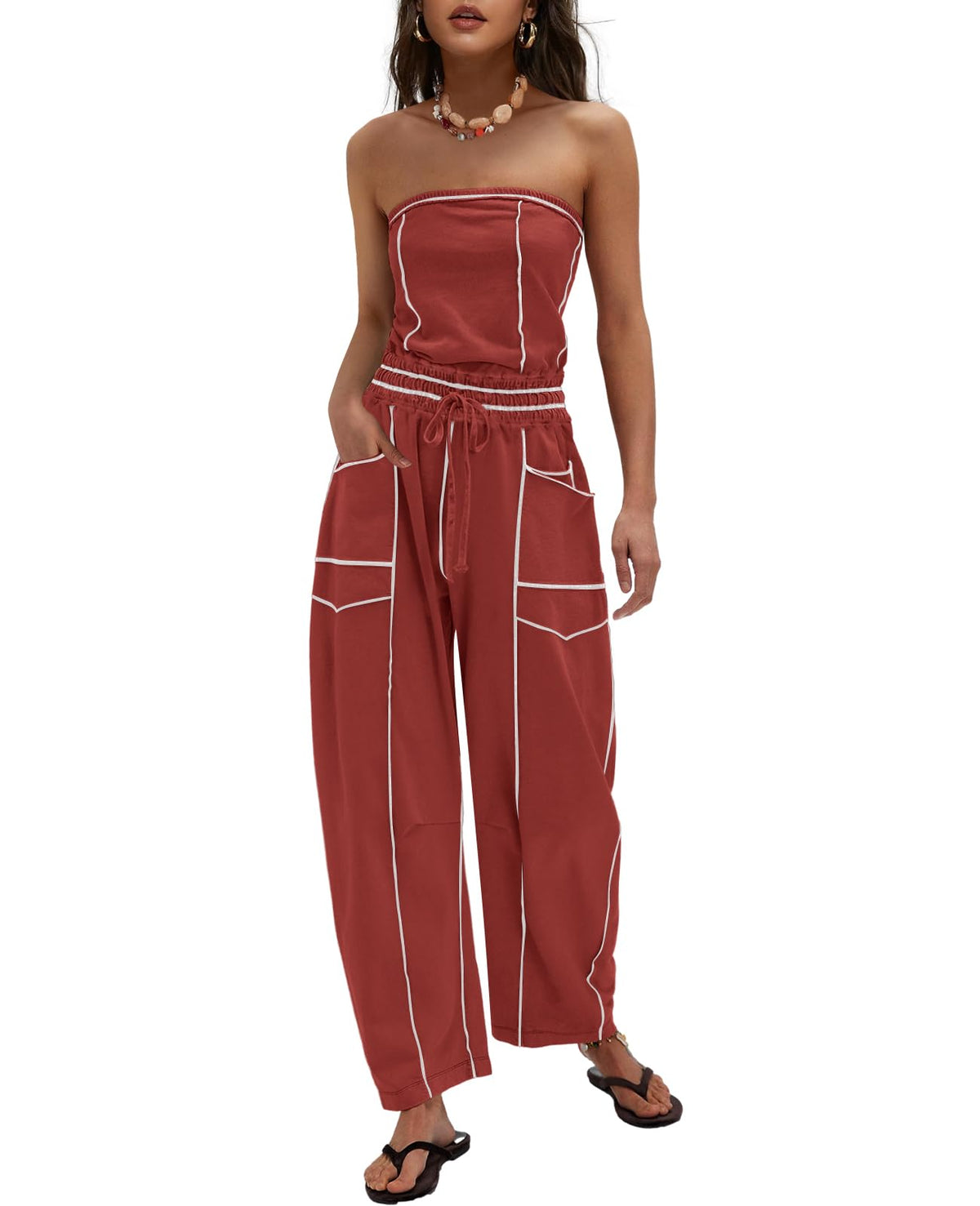 LAMISSCHE Womens Casual Strapless Jumpsuits off the Shoulder Summer Rompers Sleeveless One Piece Outfits with Pockets