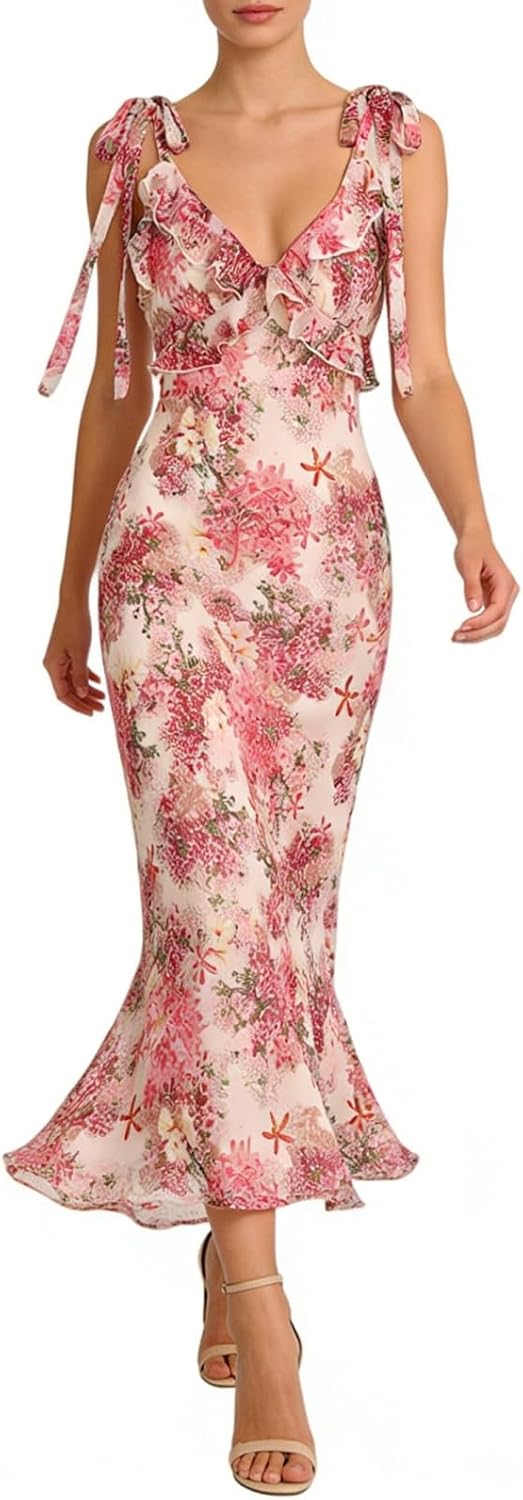 RIHOAS Boho Midi Floral Dress - Elegant Flowy Sundress | Formal-Inspired Outfit for Wedding Guest | Spring Summer Party Dress