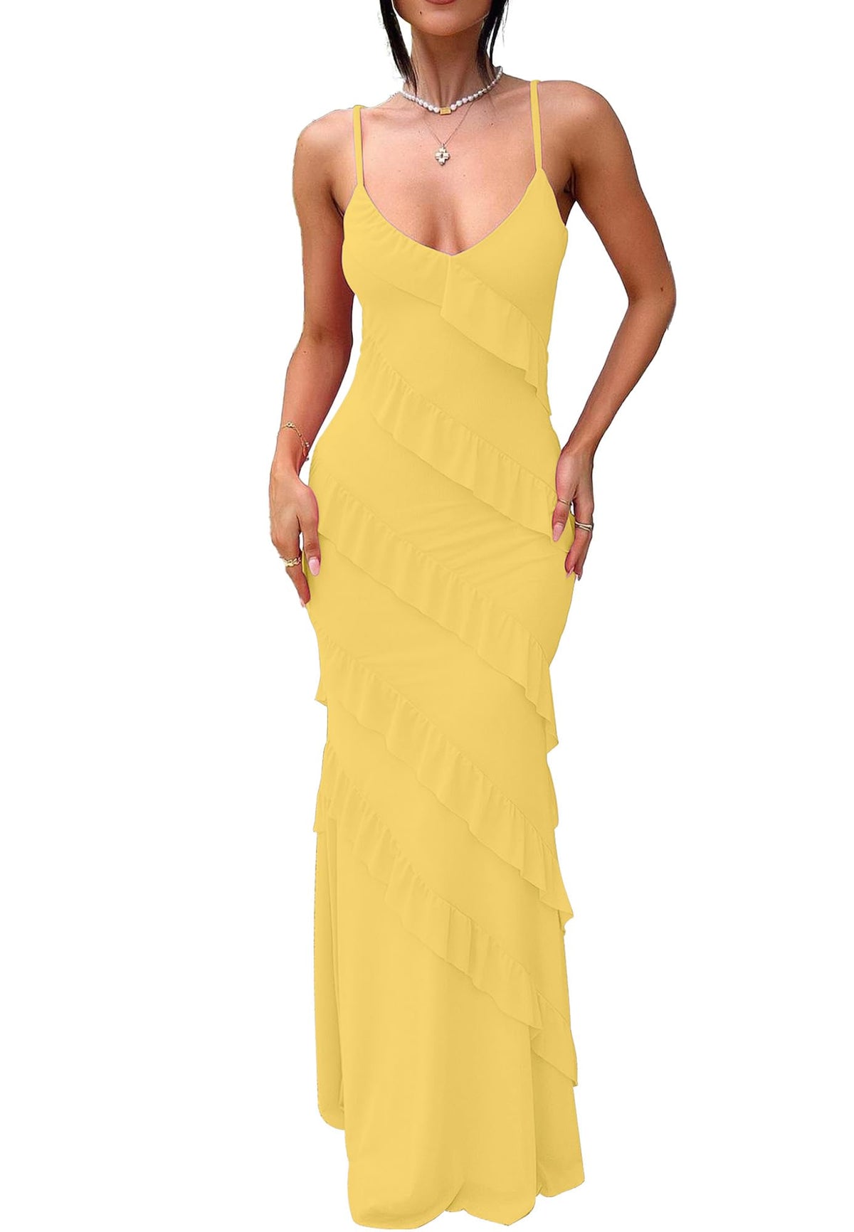 HOCILLE Women's Sexy V Neck Mesh Bodycon Wedding Guest Cocktail Maxi Dress