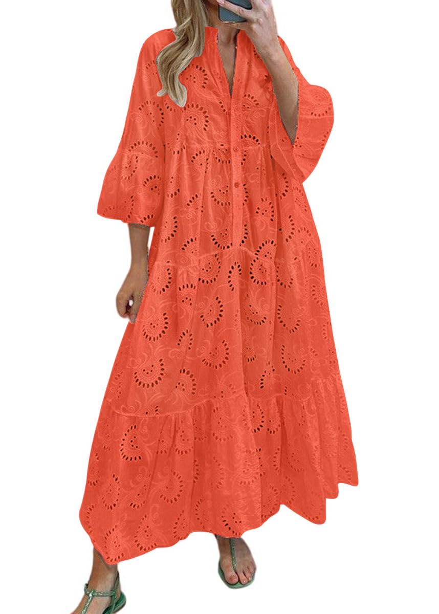 chouyatou Women's 2026 Lace Eyelet Embroidery Maxi Dress V-Neck Trumpet Sleeve Boho Flowy Swing Dress