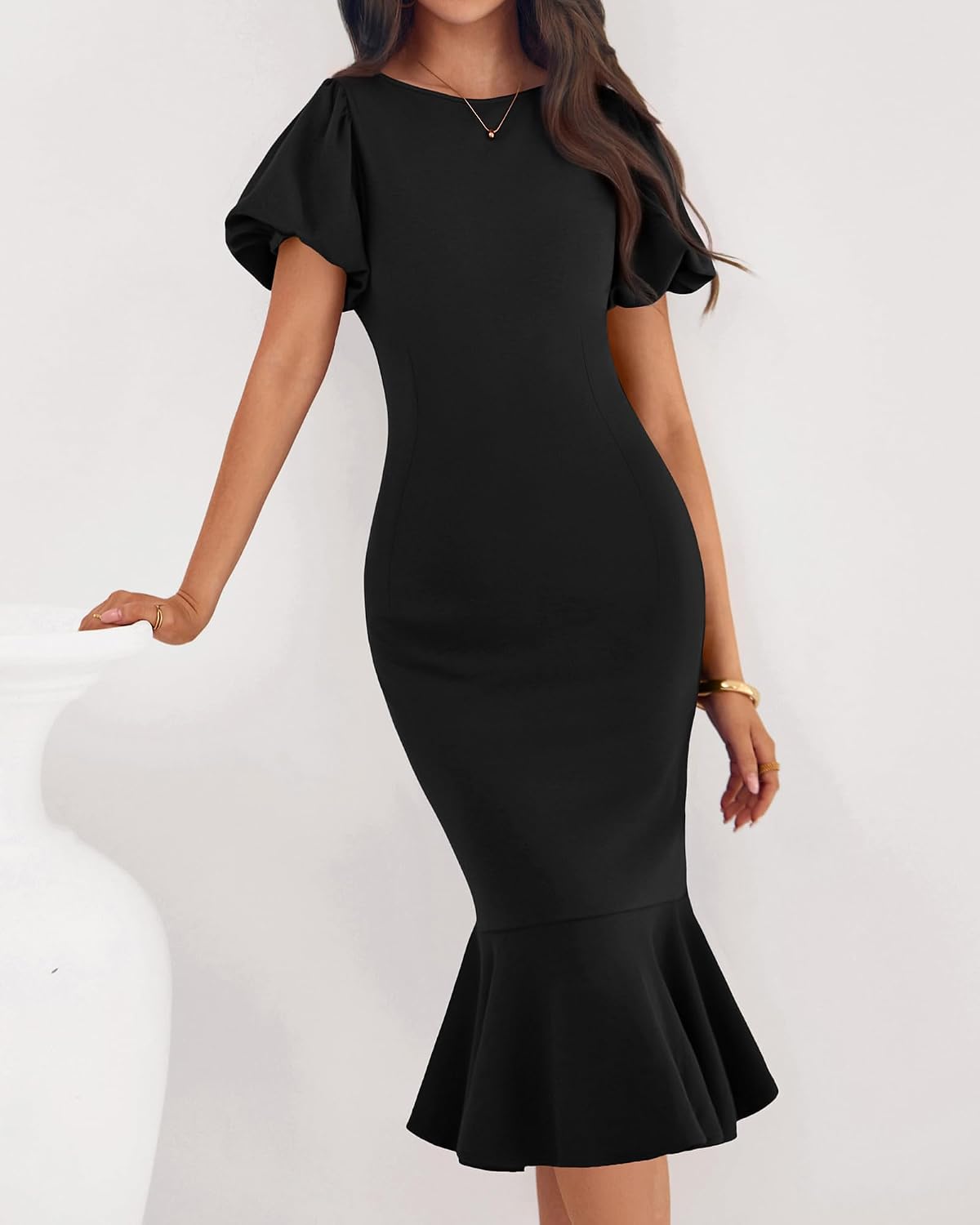 BTFBM Women Short Sleeve Bodycon Ruffle Mermaid Midi Dress