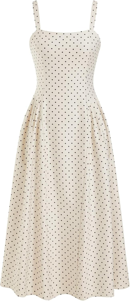 CIDER Womens Polka Dots Summer Casual Dresses Square Neck Sleeveless Midi A Line Elegant Dress