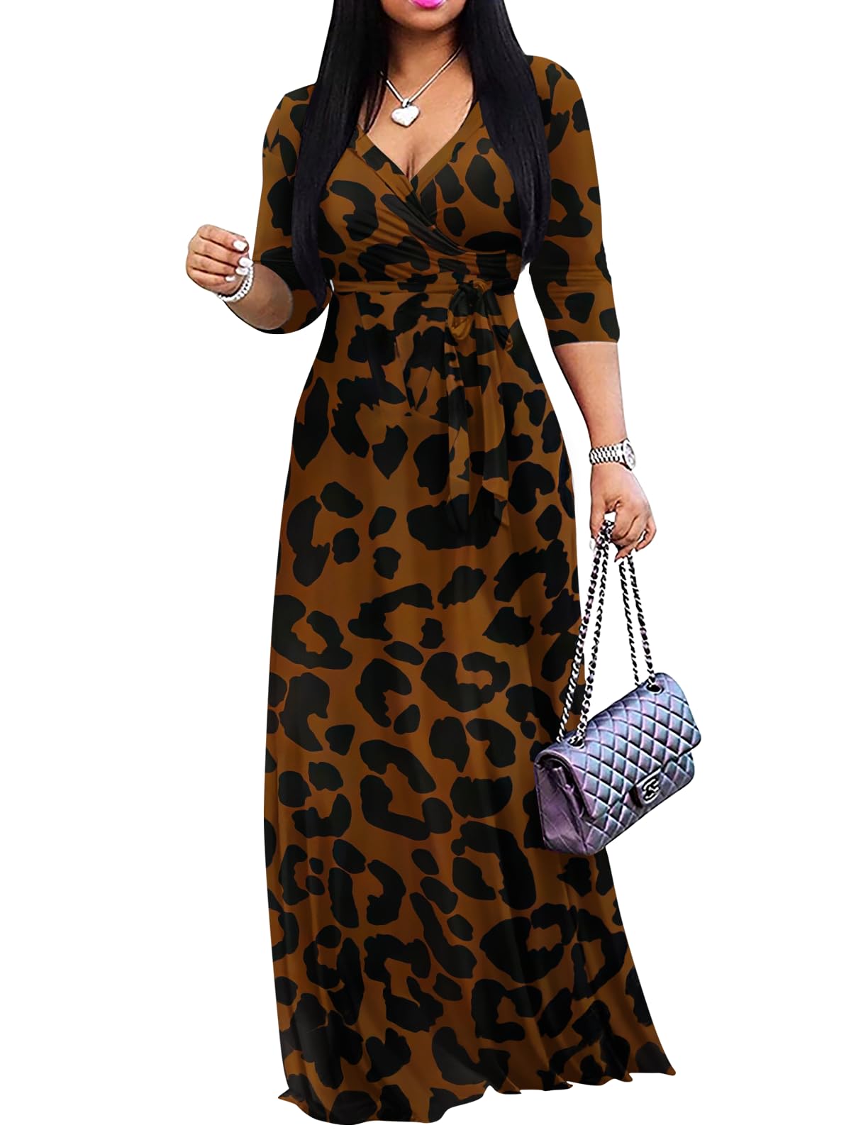 Yajedo Womens Casual Summer Maxi Dress Plus Size Sexy Wrap V Neck 3/4 Sleeve Sundress with Pockets
