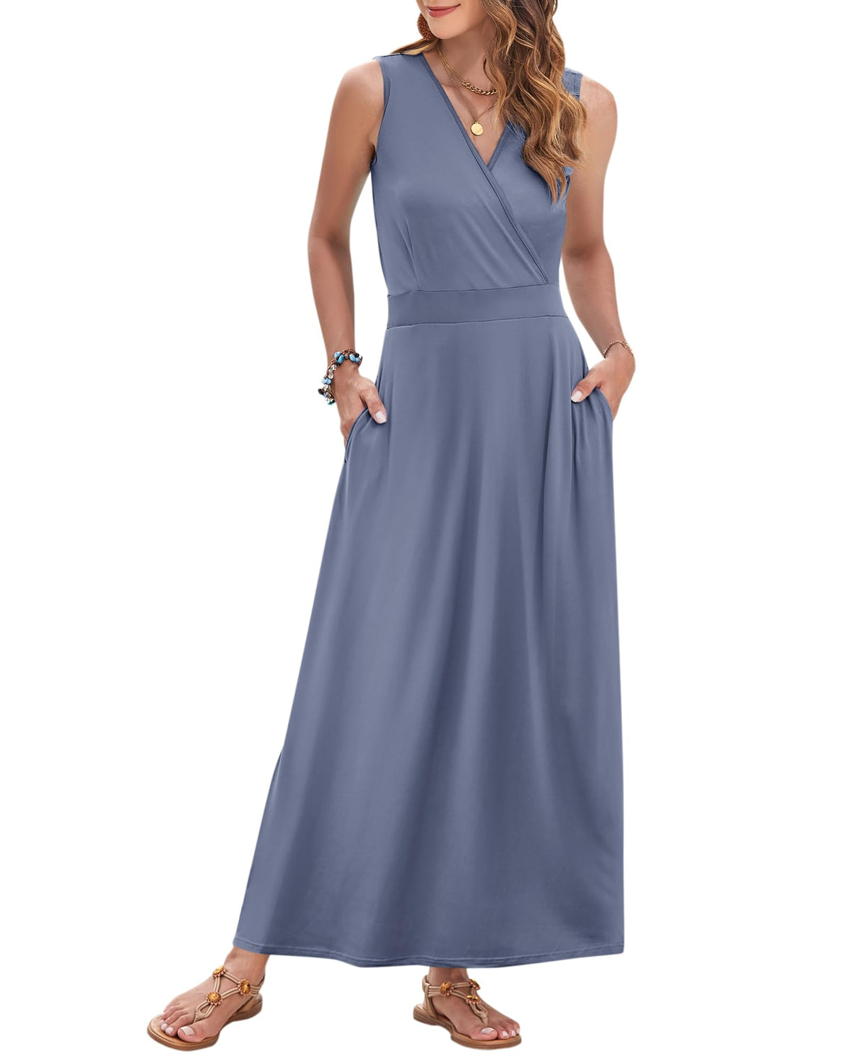 AUSELILY Womens Maxi Dress Summer Sleeveless Wrap Long Dresses with Pockets