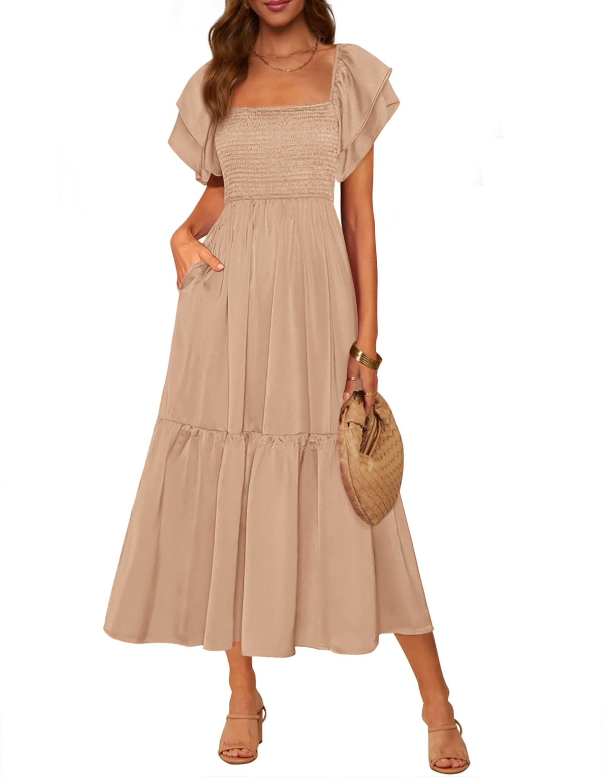 MASCOMODA Womens Summer Casual Smocked Flowy Midi Dress