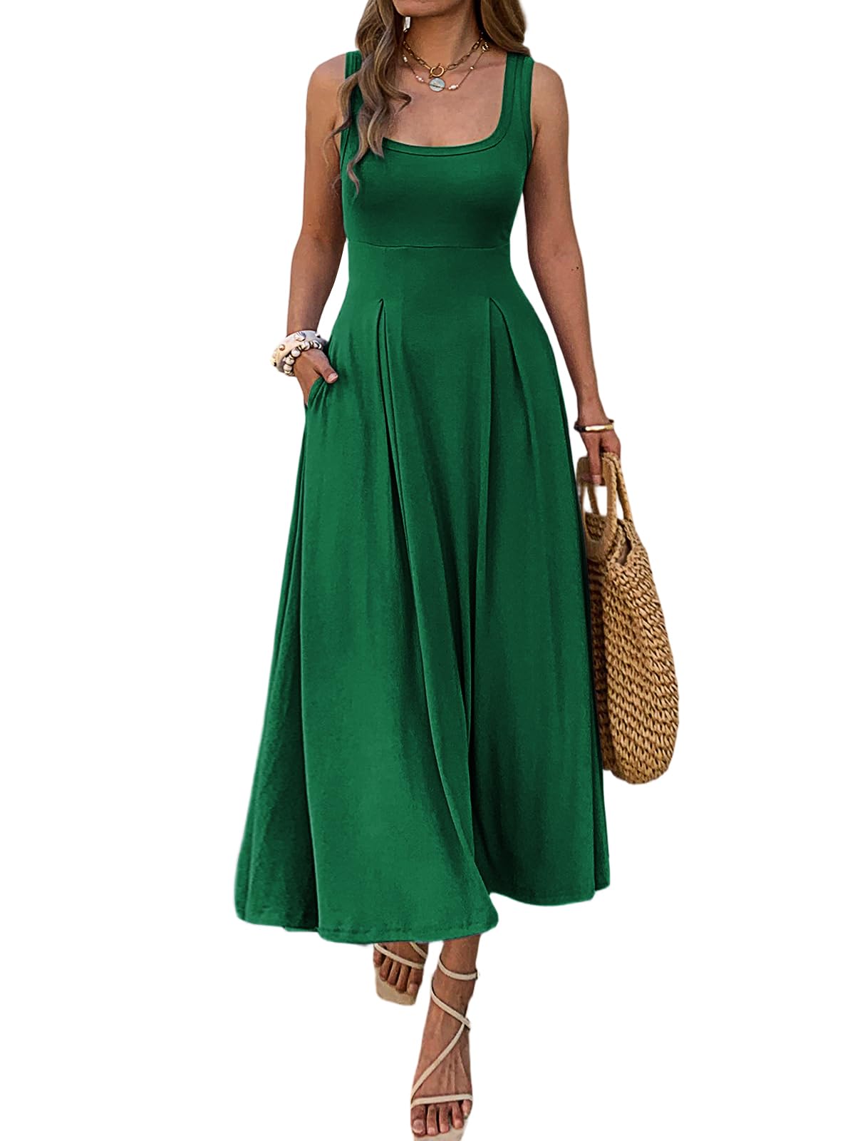 Mieazom Women's Summer Sleeveless Empire Maxi Dress Square Neck A-Line Pleated Flowy Elegant Casual Dresses with Pockets