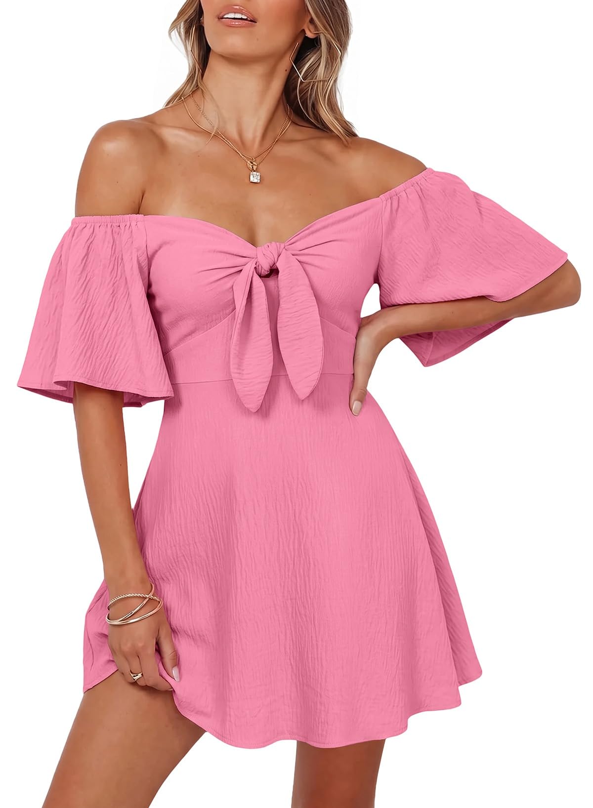 Dokotoo Womens Dresses 2026 Deep V Neck Elegant Bow tie Mini Dress S-XL