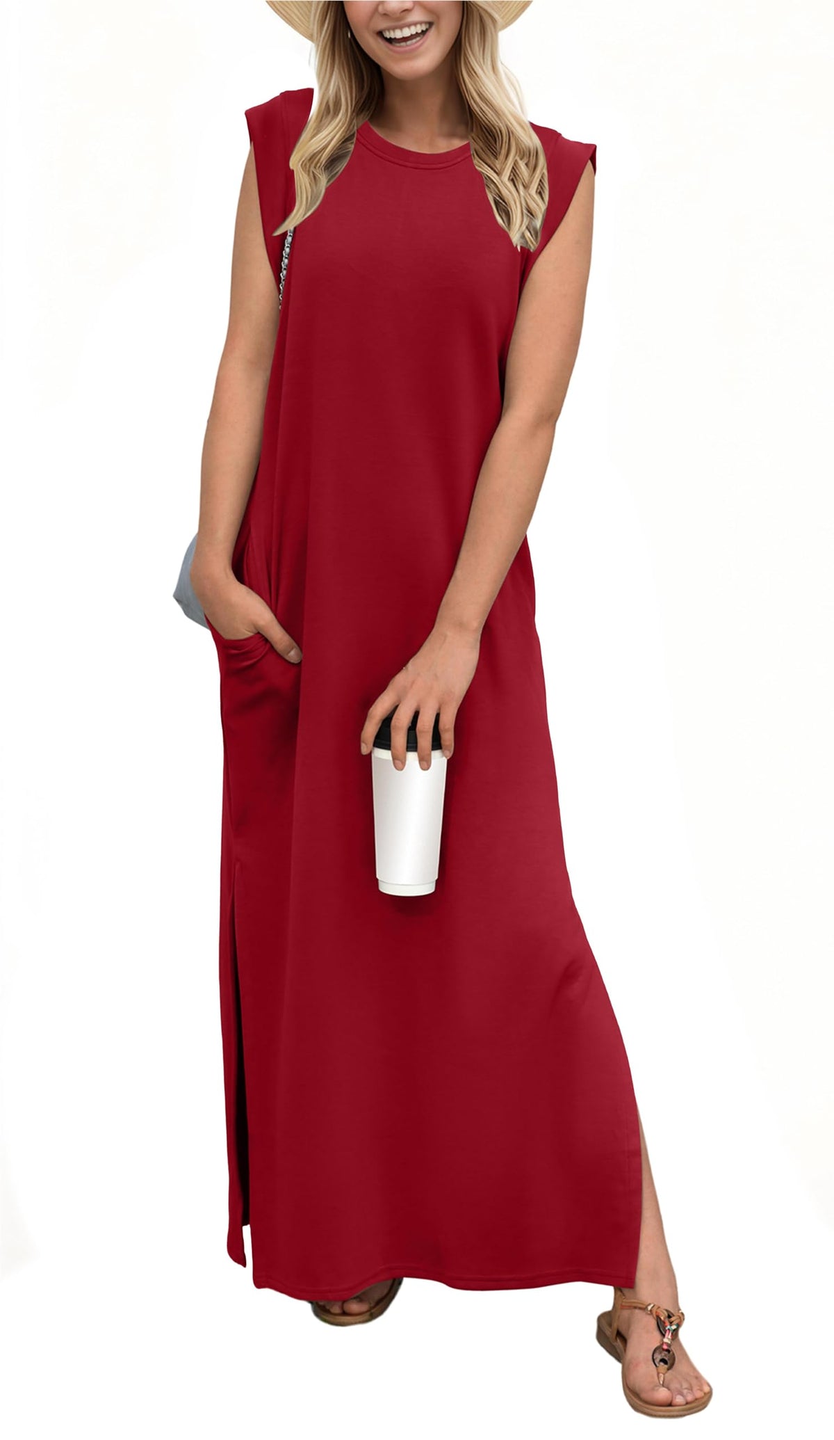 GRECERELLE 2026 Women Year-Round Casual Round Neck Loose Split Wrinkle-Free Long Maxi Vacation Dress with Pockets (XXS-4XL)