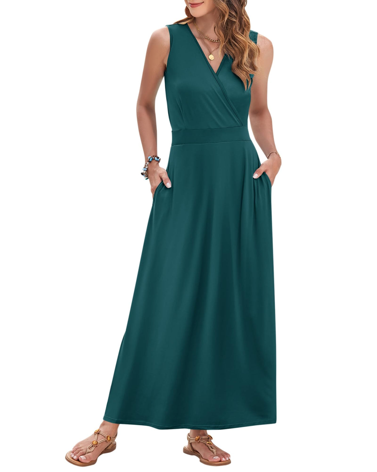 AUSELILY Womens Maxi Dress Summer Sleeveless Wrap Long Dresses with Pockets