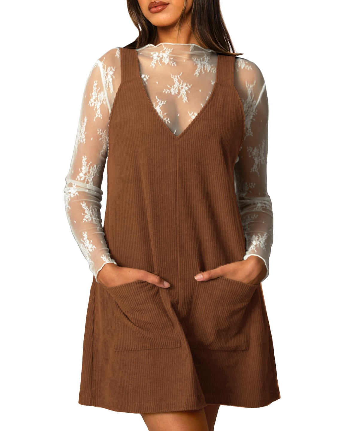 Navneet Women Corduroy Overall Dress V Neck Pinafore Jumper Mini Dress