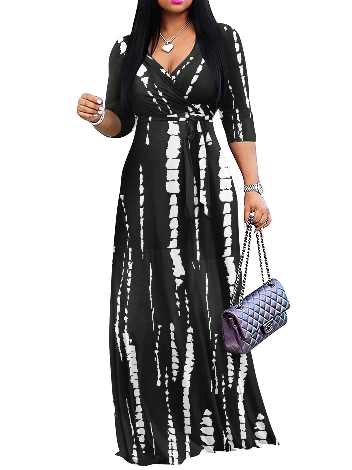 Yajedo Womens Casual Summer Maxi Dress Plus Size Sexy Wrap V Neck 3/4 Sleeve Sundress with Pockets