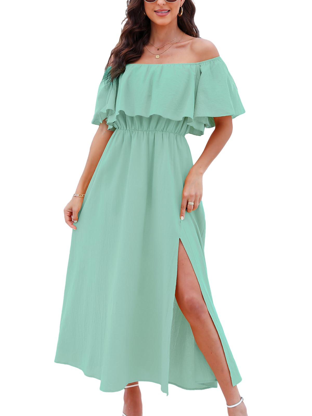 CUPSHE Womens Ruffle Floral Maxi Summer Dress Off Shoulder Beach Dress