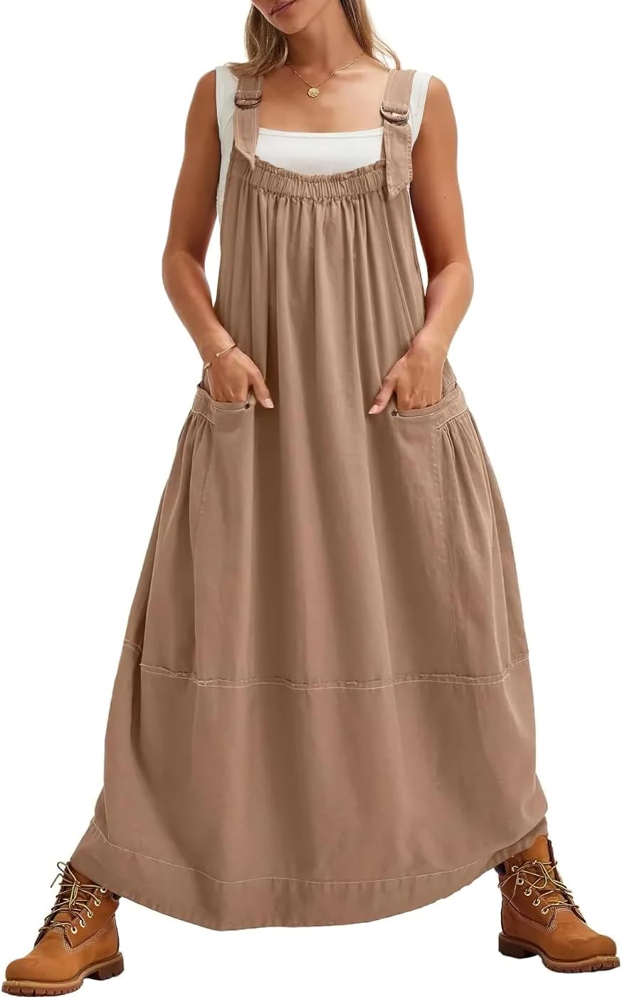 chouyatou Women's Cargo Overall Dress Sleeveless Adjustable Strap Safari Maxi Jumper Dress with Pockets