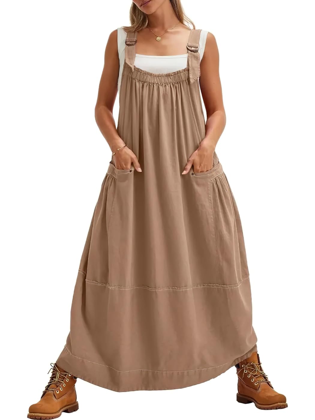 chouyatou Women's Cargo Overall Dress Sleeveless Adjustable Strap Safari Maxi Jumper Dress with Pockets