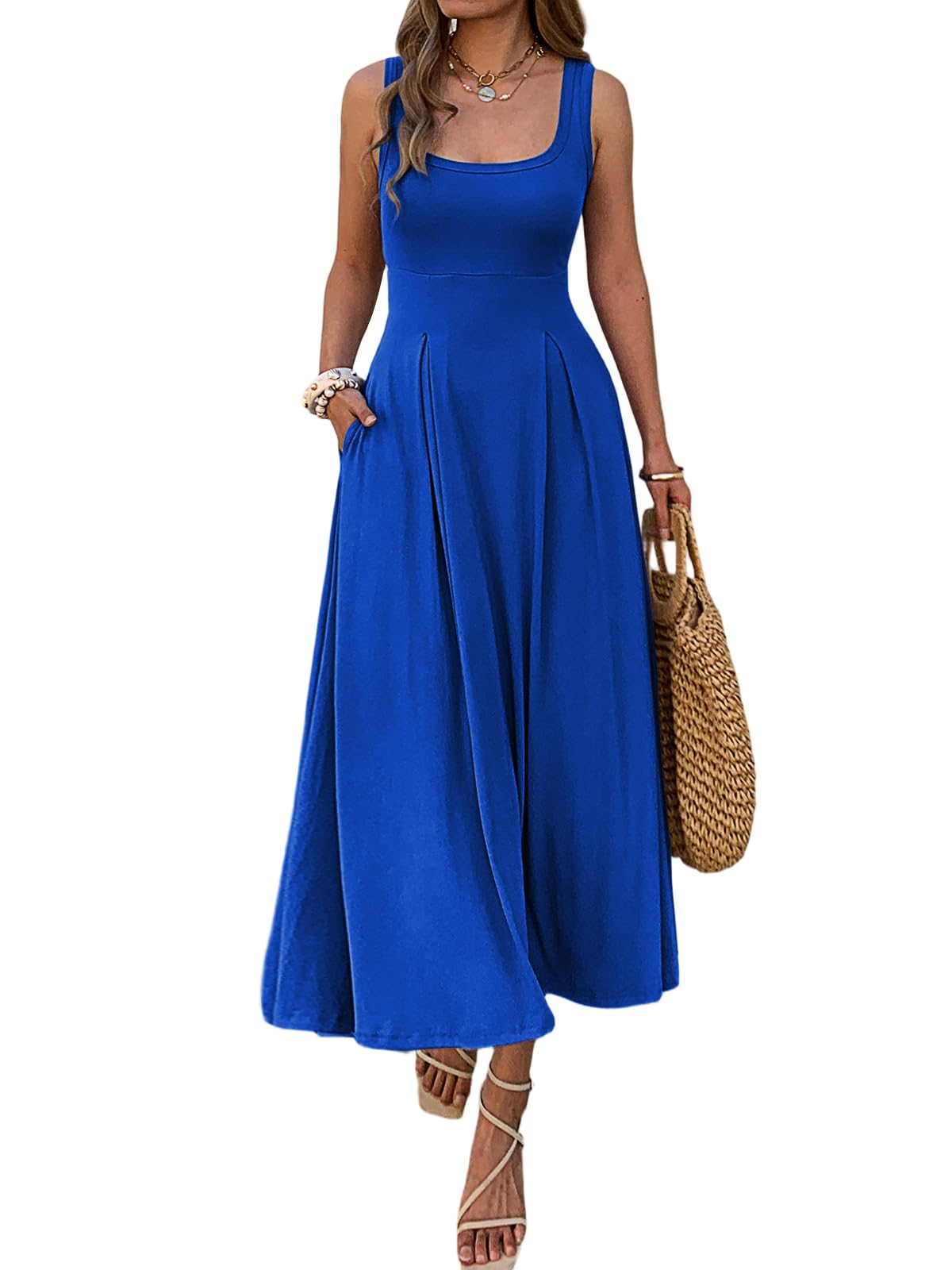 Mieazom Women's Summer Sleeveless Empire Maxi Dress Square Neck A-Line Pleated Flowy Elegant Casual Dresses with Pockets