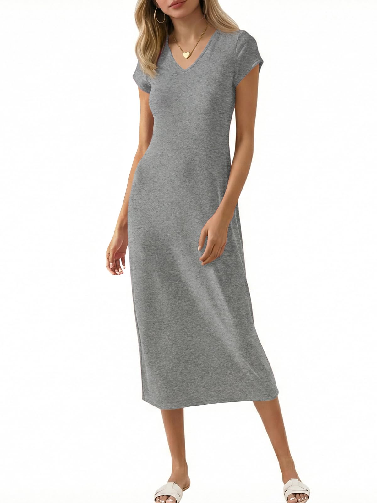 Wenrine Womens Short Sleeve T-Shirt Dress V Neck Summer Casual Midi Dresses