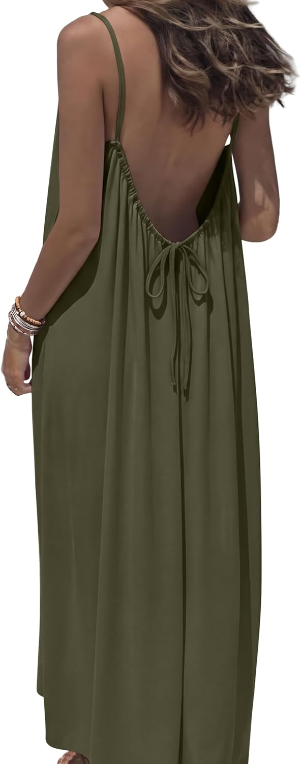 OFEEFAN Summer Dresses for Women 2026 Backless Cami Maxi Sundresses Spaghetti Strap Beach Vacation Clothes Swimsuit Coverup