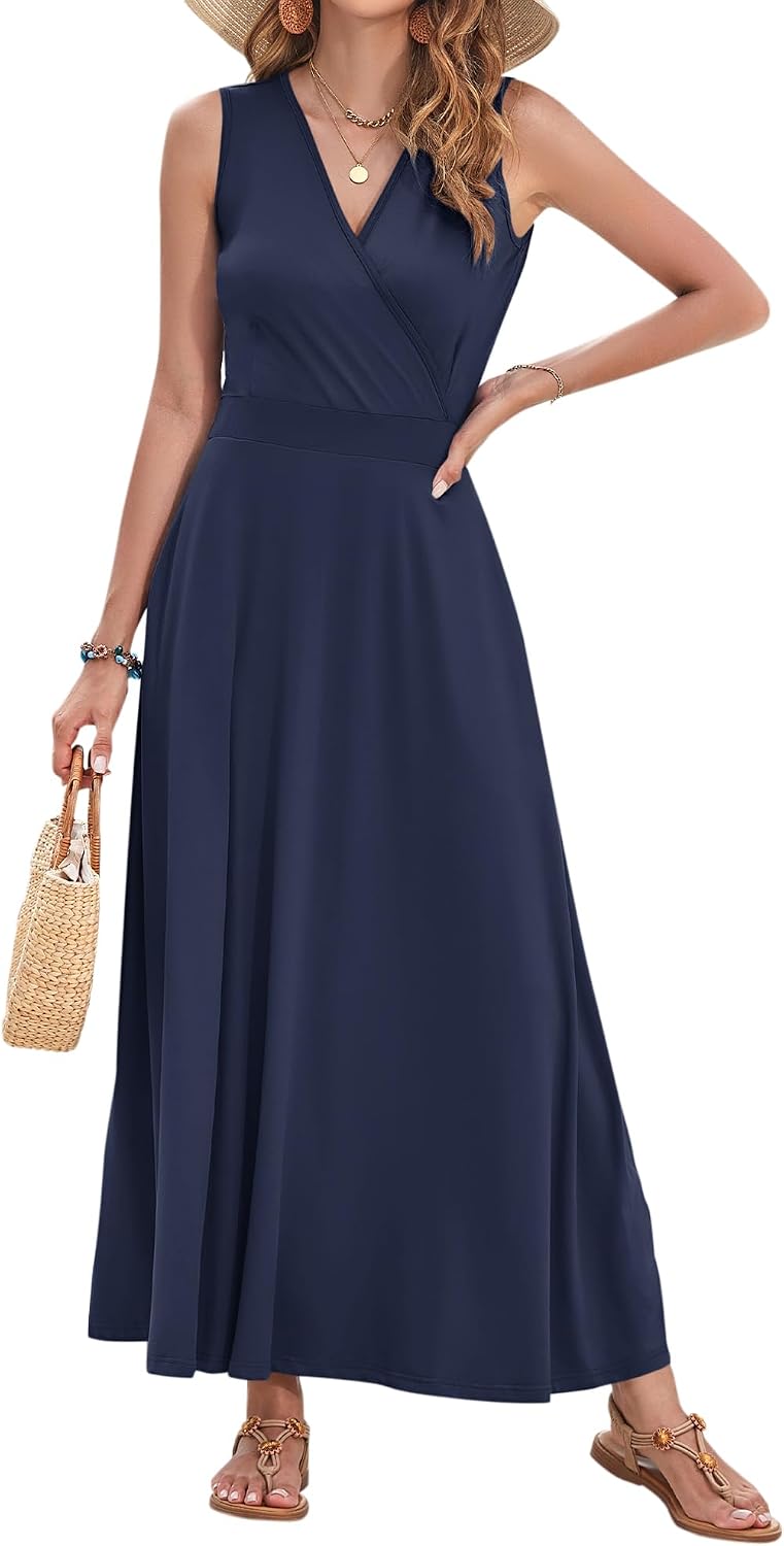 AUSELILY Womens Maxi Dress Summer Sleeveless Wrap Long Dresses with Pockets
