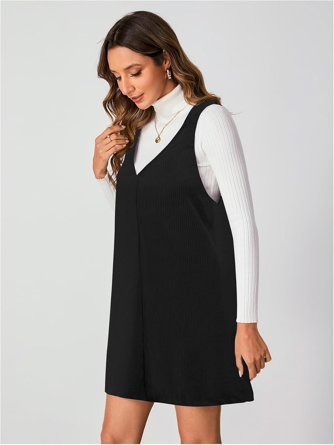 Milumia Women's V Neck Corduroy Overall Dress Mini Pinafore Jumper Dress