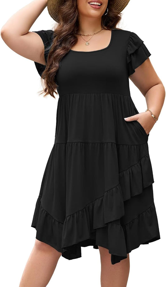 Womens Plus Size Casual Dress Square Neck Double Ruffle Short Sleeves 2 Pockets Ruffled Hem Flowy Dresses