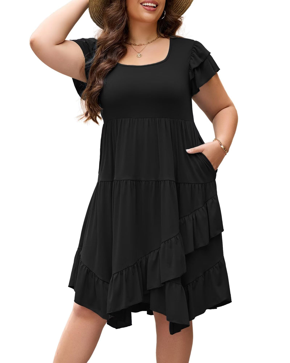 Womens Plus Size Casual Dress Square Neck Double Ruffle Short Sleeves 2 Pockets Ruffled Hem Flowy Dresses