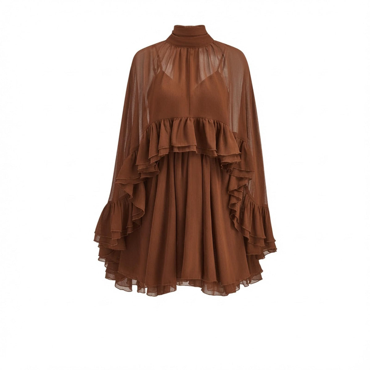 Women’s Semi Sheer Chiffon Ruffle Dress with Outer Cape, Poncho Sleeve Flowy Mini Dress, Loose Fit Elegant Summer Dress
