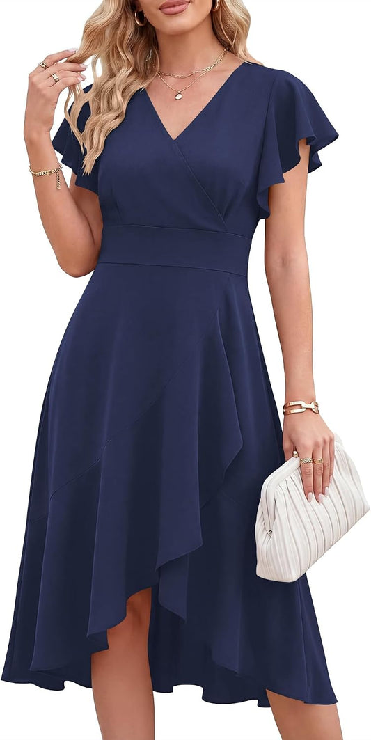 ANRABESS Womens Cocktail Dress Semi Formal Wedding Guest Wrap Midi Dresses Summer Western A Line High Low Ruffled Dress