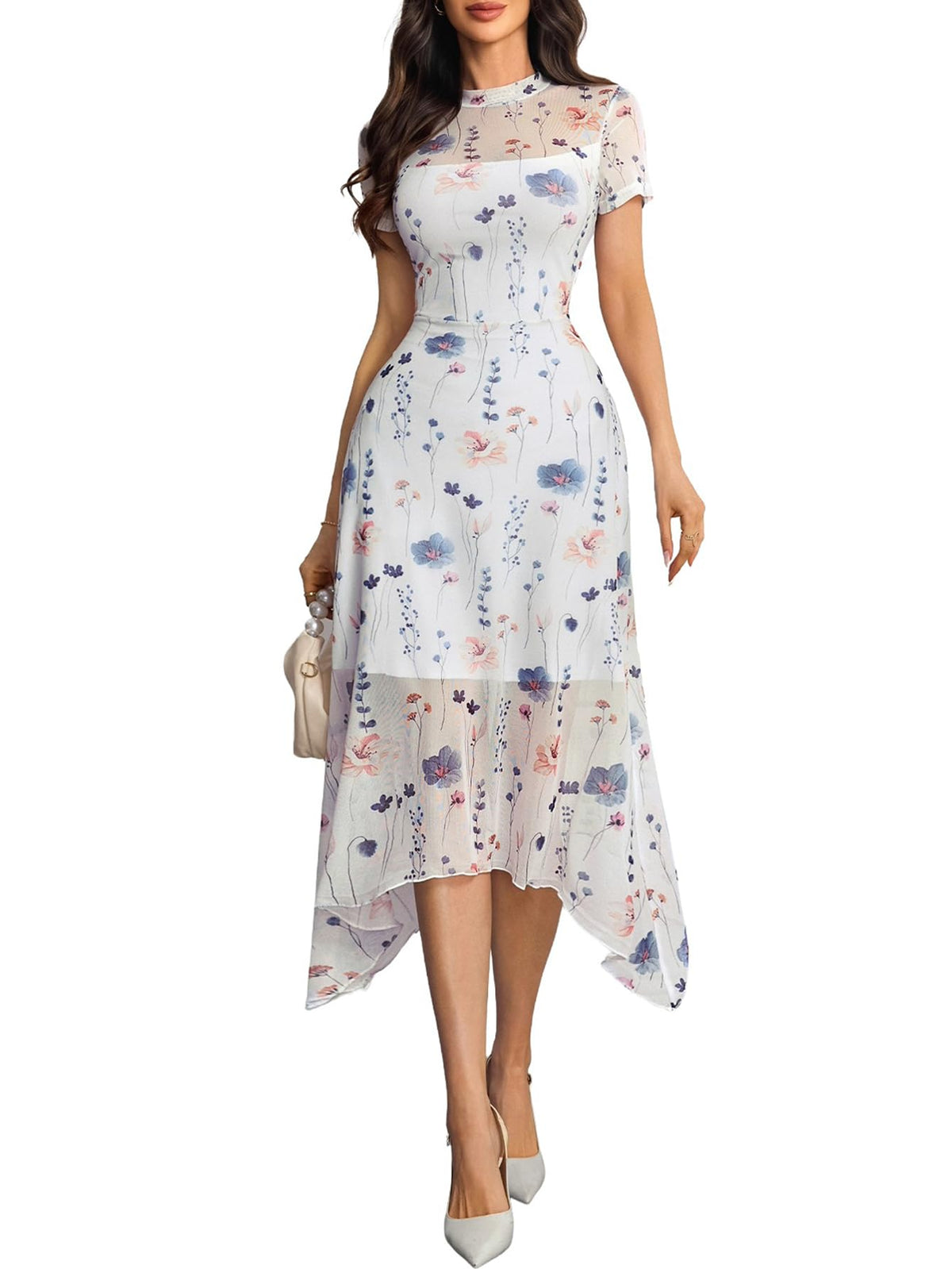 GothDark Women Summer Wedding Guest Floral Mesh Irregular Hem Midi Dress