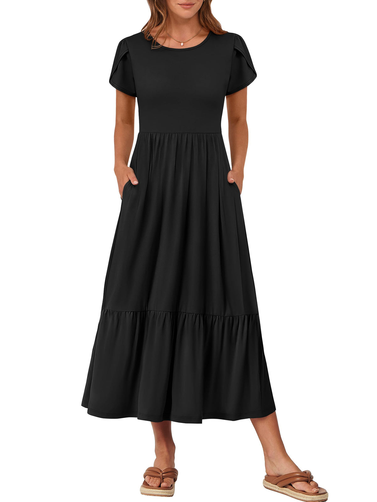 ANRABESS Womens Summer Petal Short Sleeve Maxi Dress with Pockets