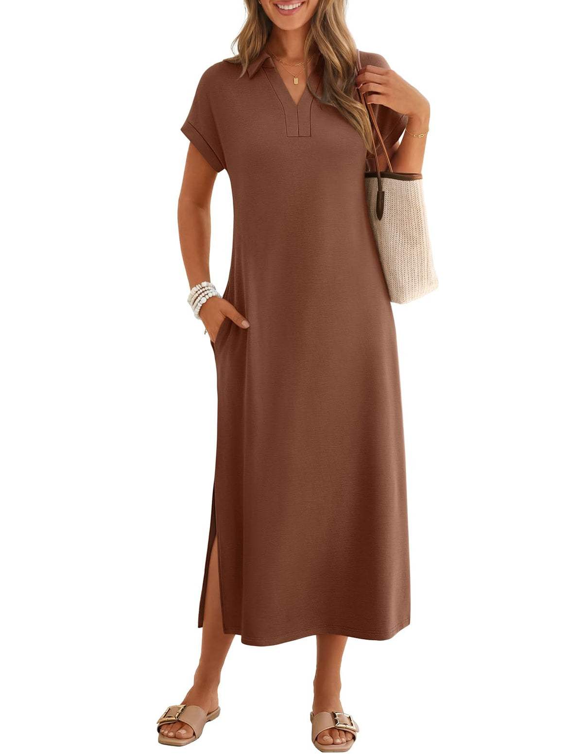 MEROKEETY Women's Summer Casual V Neck Collared T Shirt Long Maxi Dress